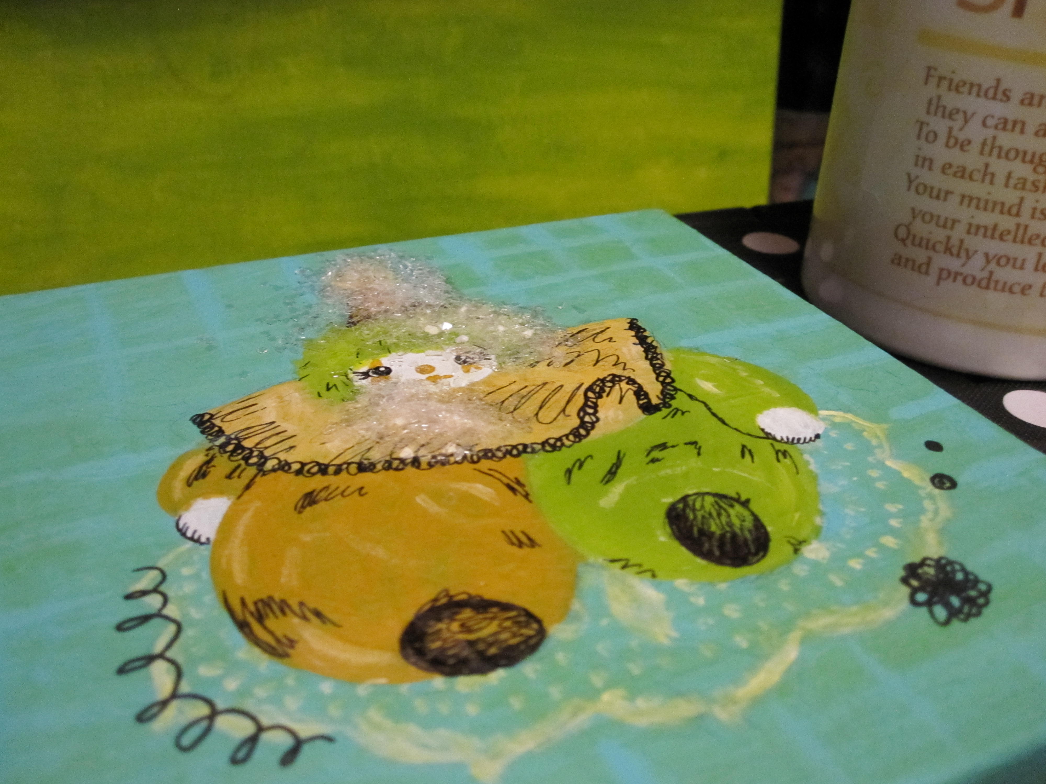 a painting of a clown with a pile of glitter on top