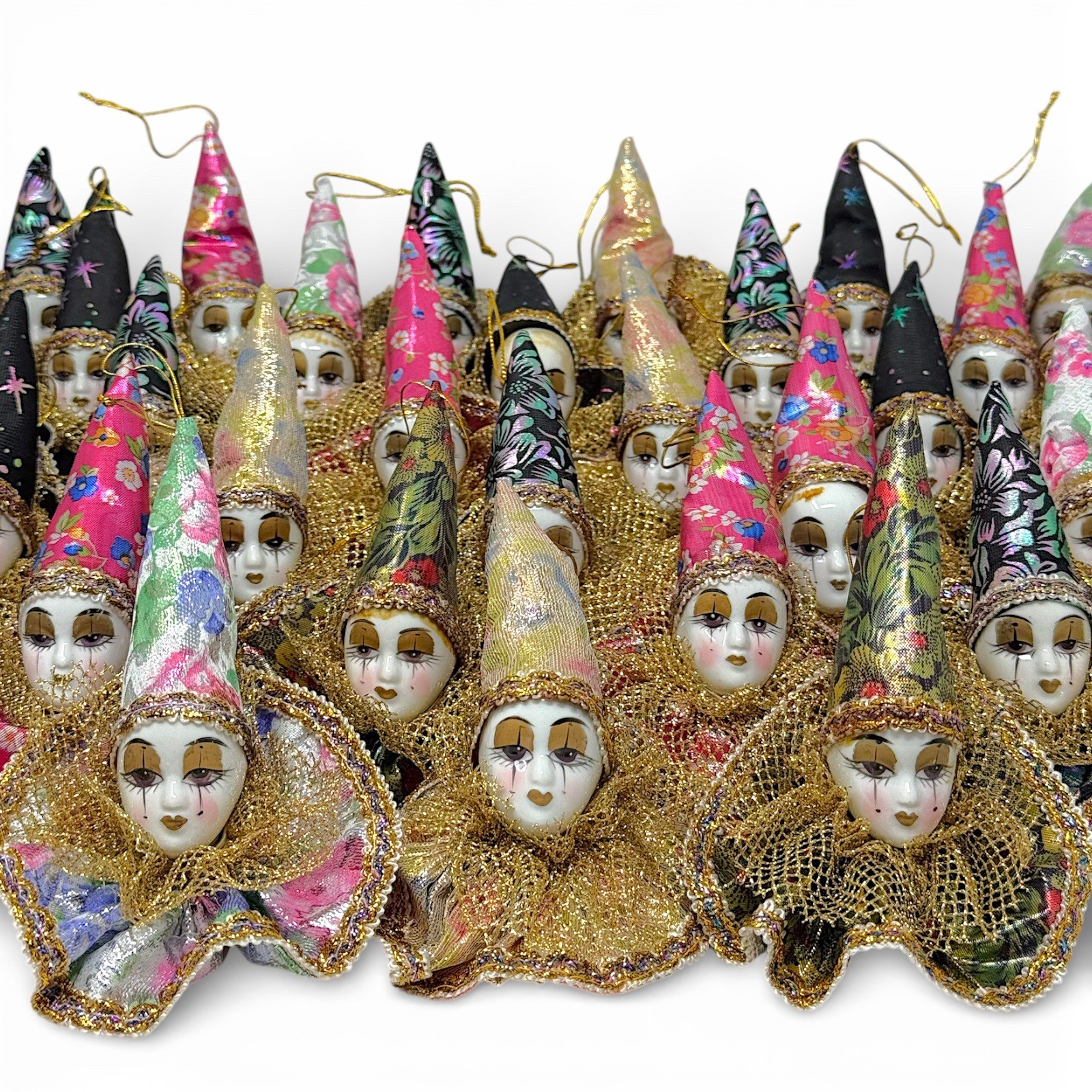 a large group of porcelain faced softbody clowns