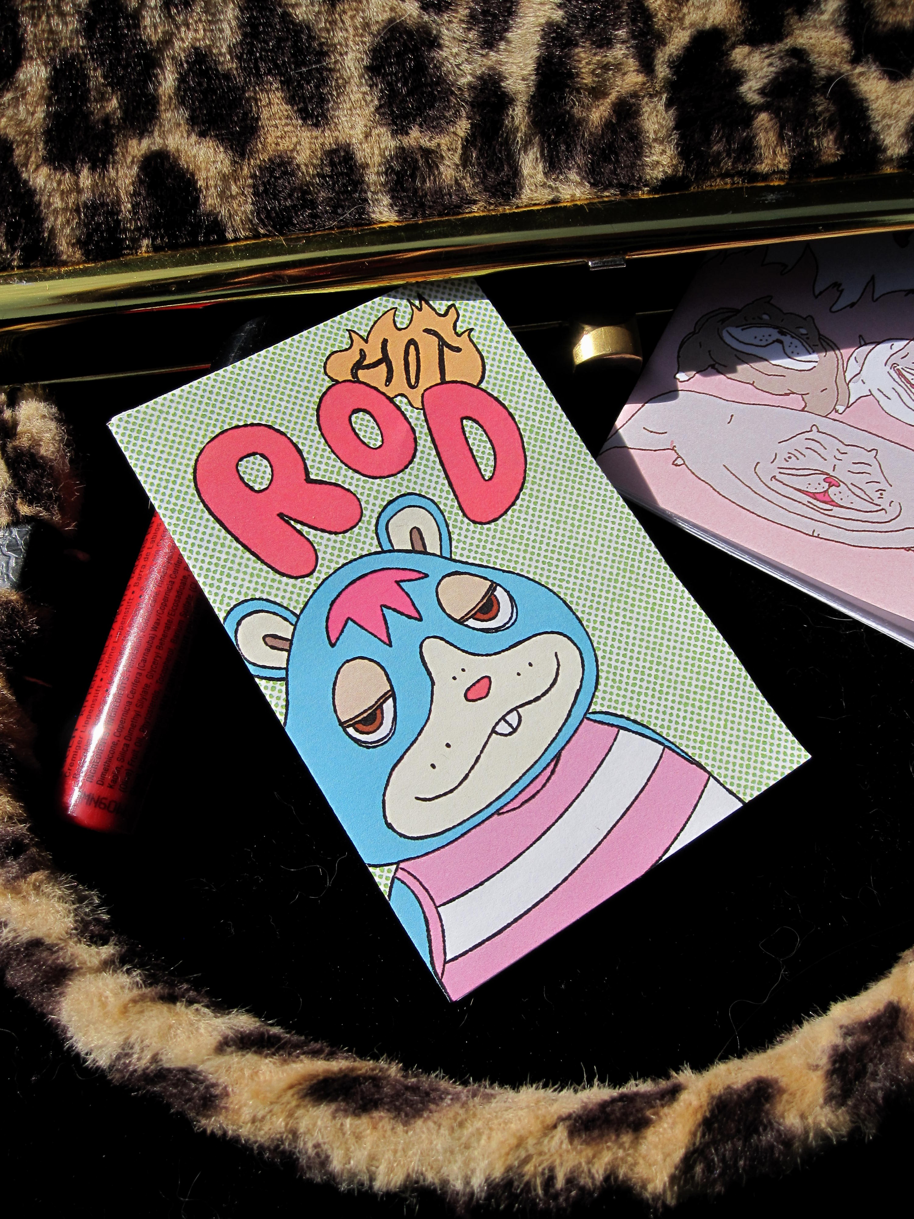 a zine featuring Rodney, a teal hamster from Animal Crossing, on the cover