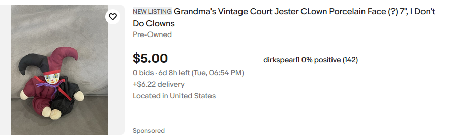 a screenshot of an eBay listing for a clown which includes the text 