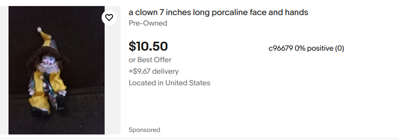 an eBay listing for a porcelain faced softbody clown that is seven inches tall