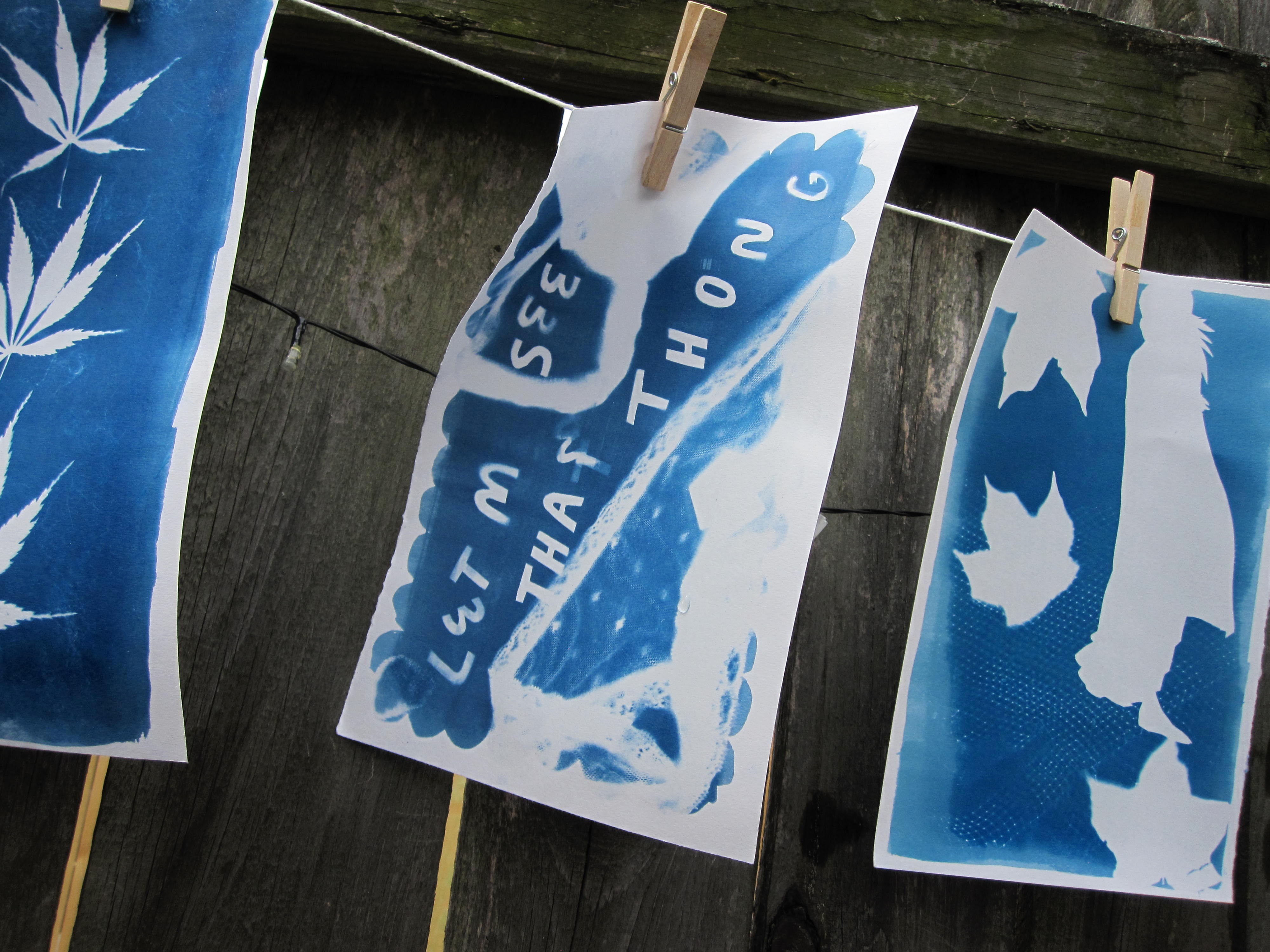 a cyanotype of lace thongs and lyrics from the thong song