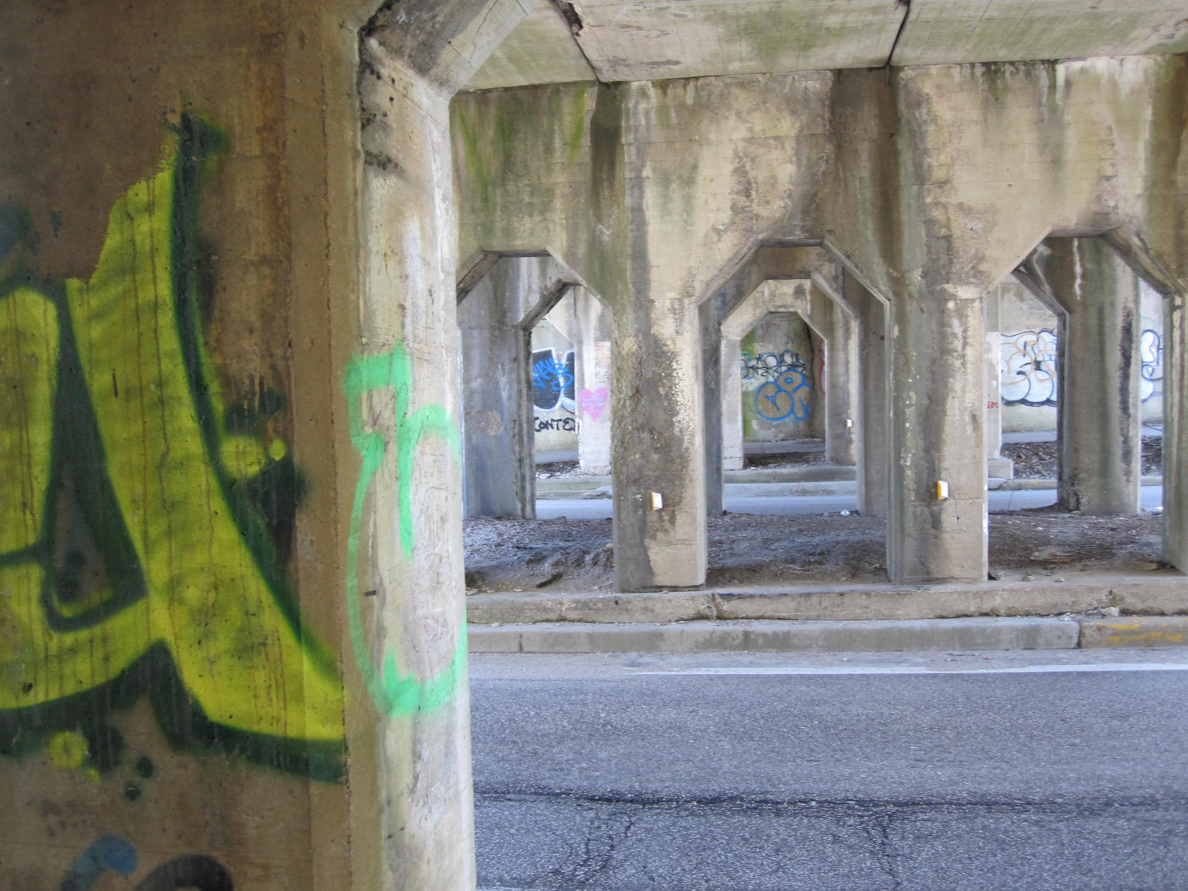 the pillars under a bridge